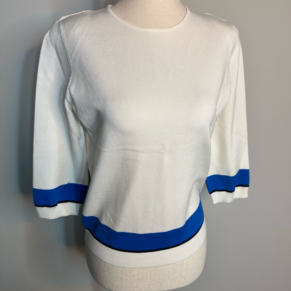 Sz M Worth crew neck dress sweater top white blue stripe